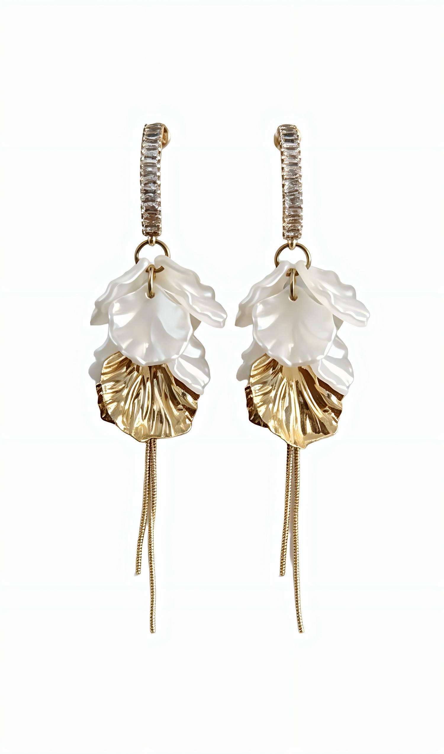 Gold Tone White Petal Tassel Earrings with Baguette Crystal Hoop