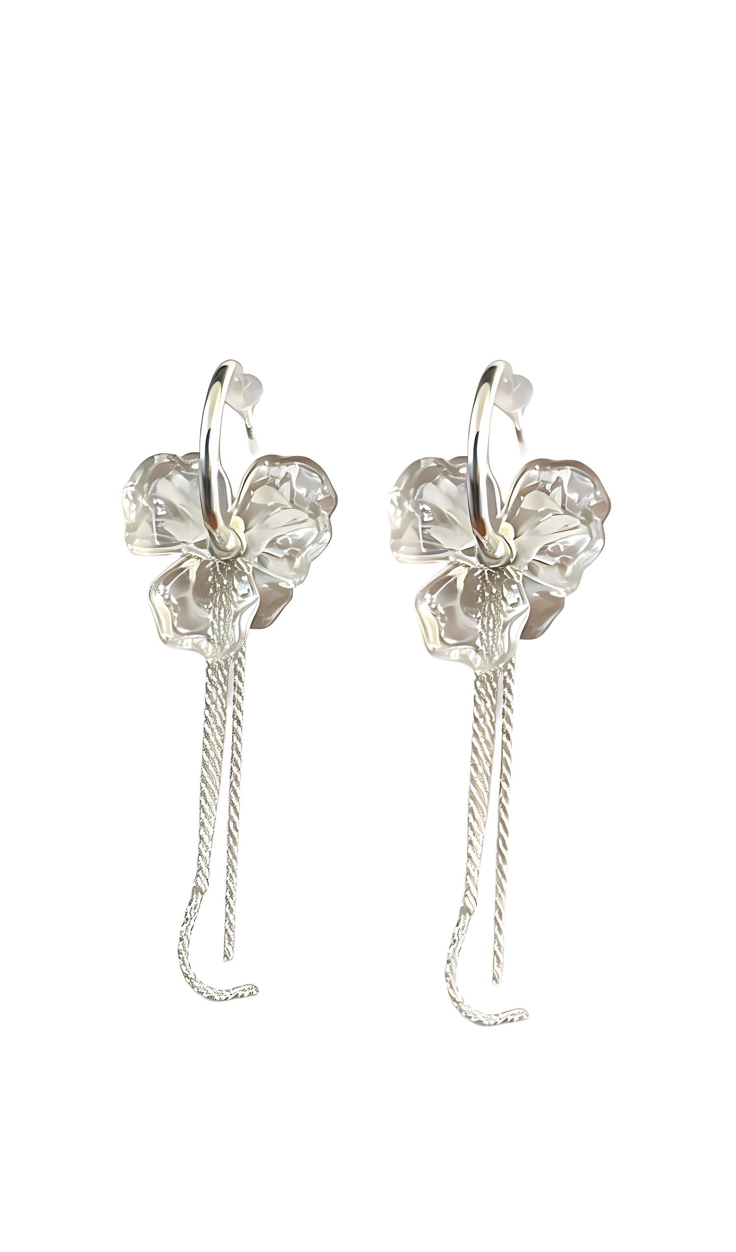 Silver Clear Flower Hoop Earrings with Twisted Tassel