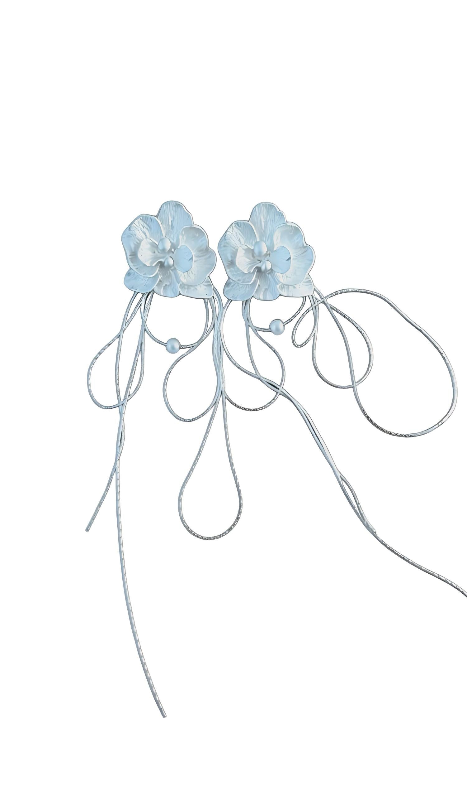 Silver Orchid Flower Earrings with Long Flowing Tassels