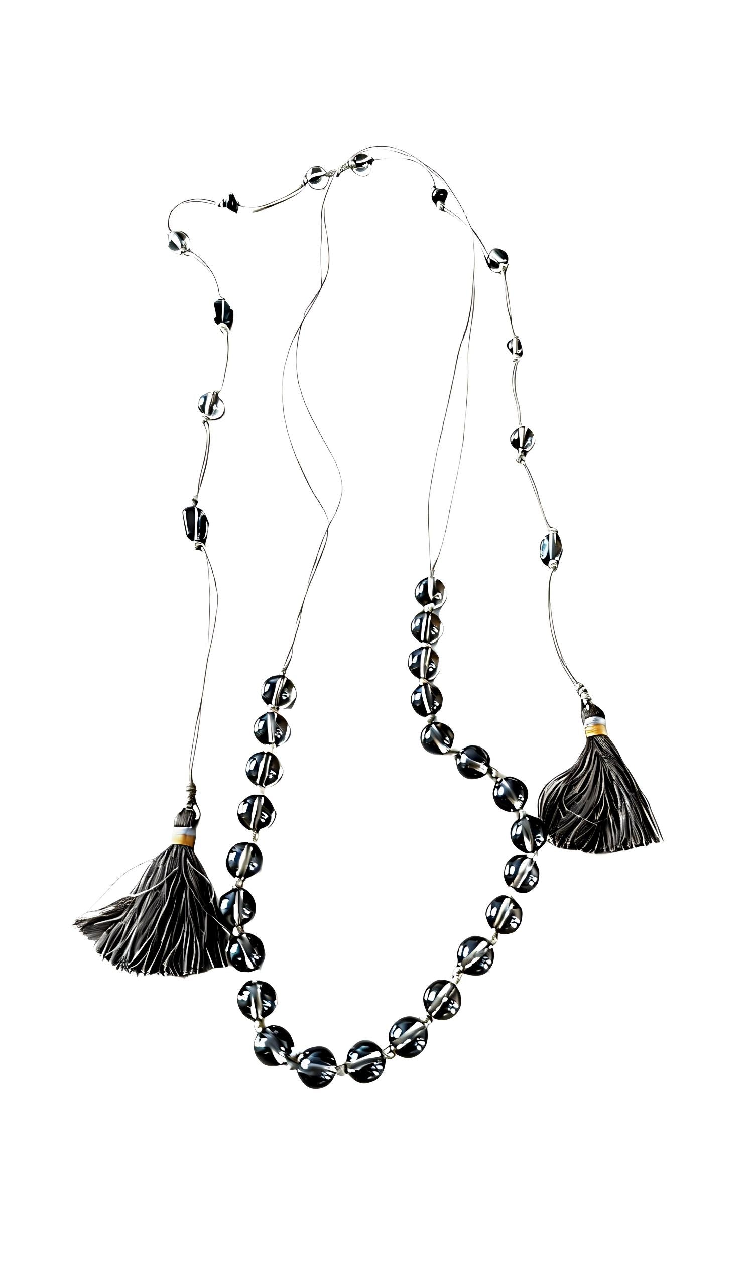 Black Obsidian Bead Double Tassel Bohemian Necklace