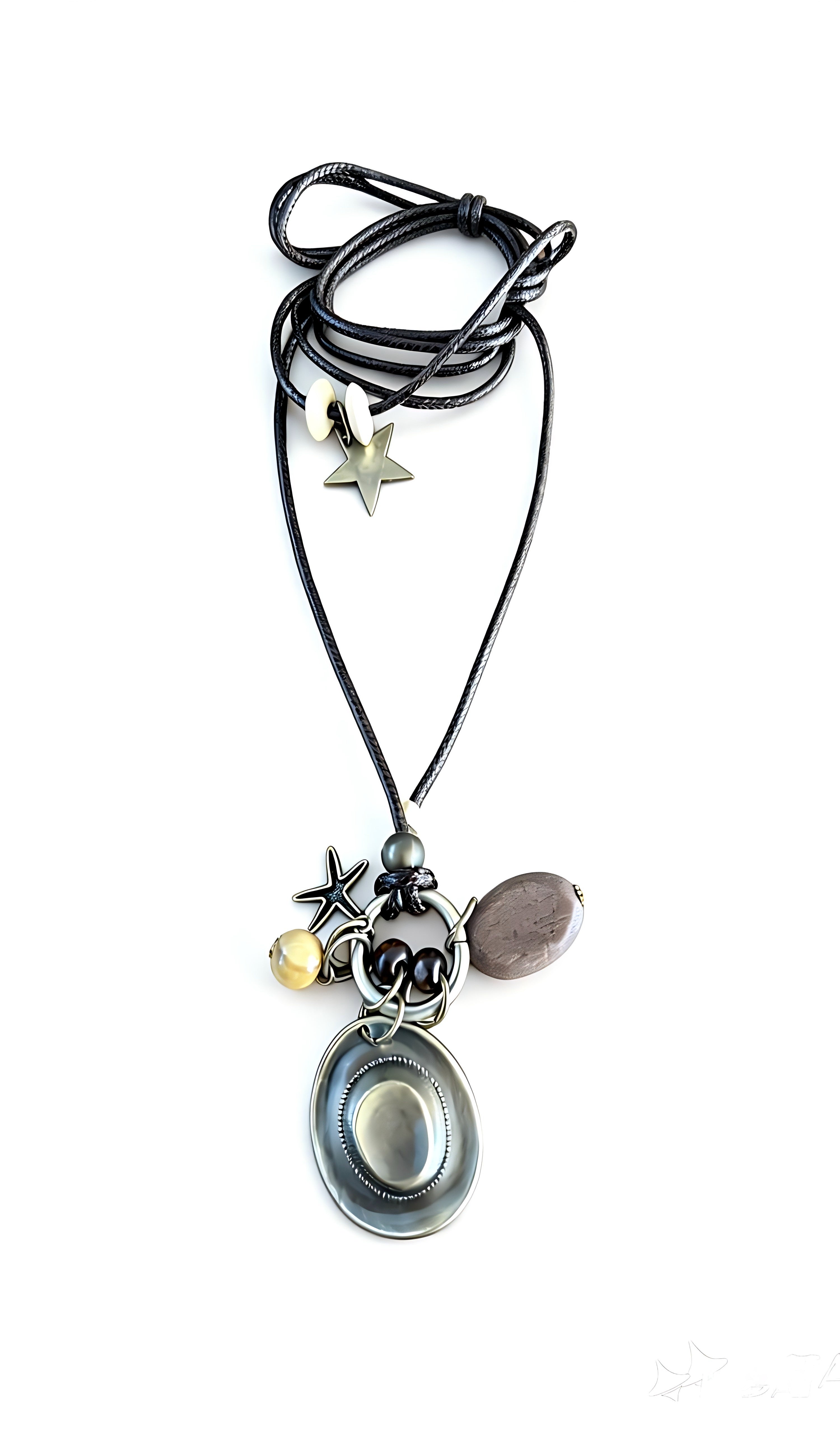 Vintage Hat Star Charm Long Black Leather Boho Necklace