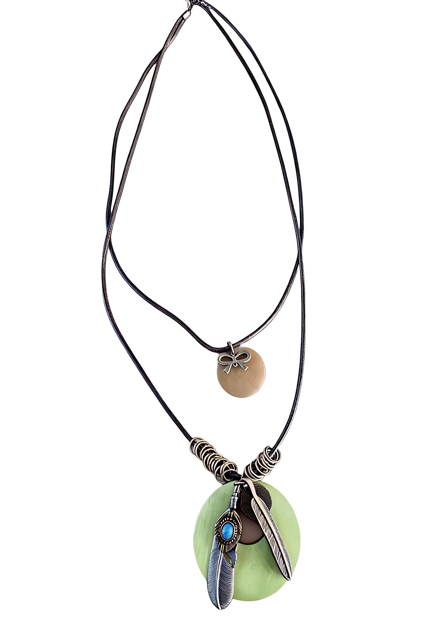 Vintage Feather Turquoise Layered Green Disc Leather Cord Necklace