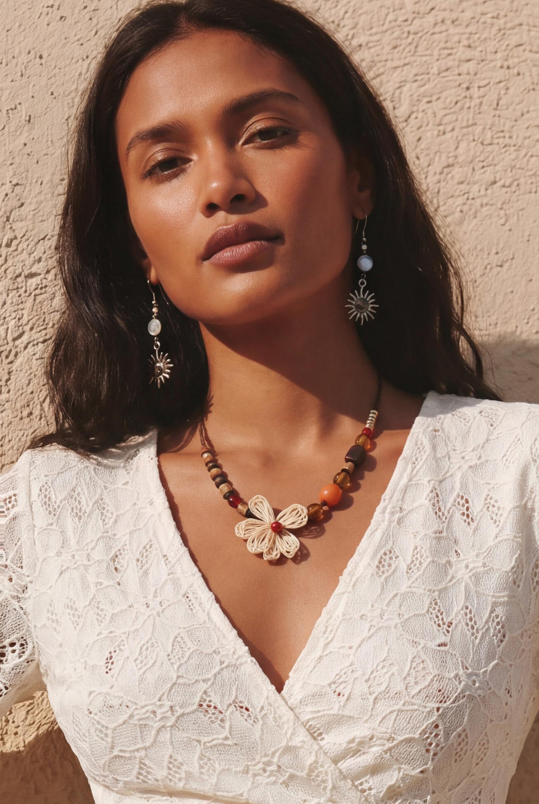 Flower Boho Wood Stone Bead Braided Necklace