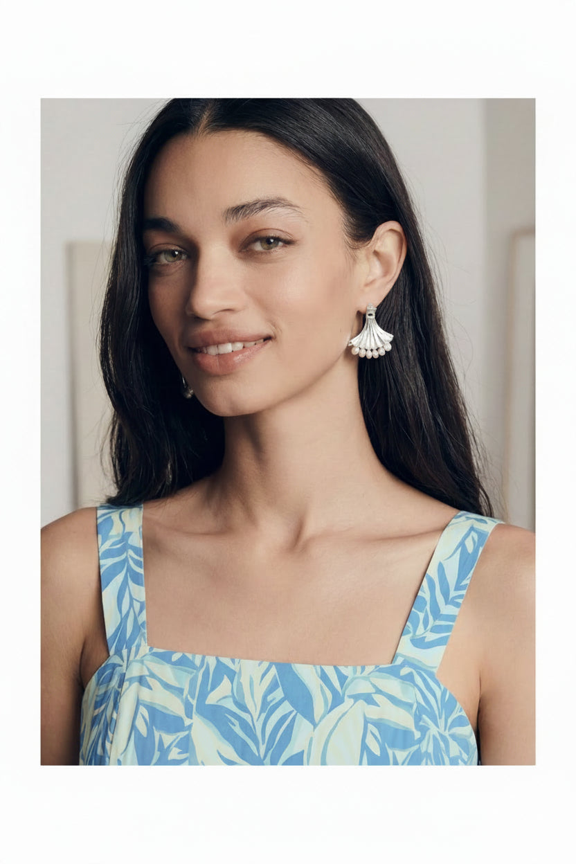 Elegant Silver Ginkgo Fan Pearl Statement Drop Earrings