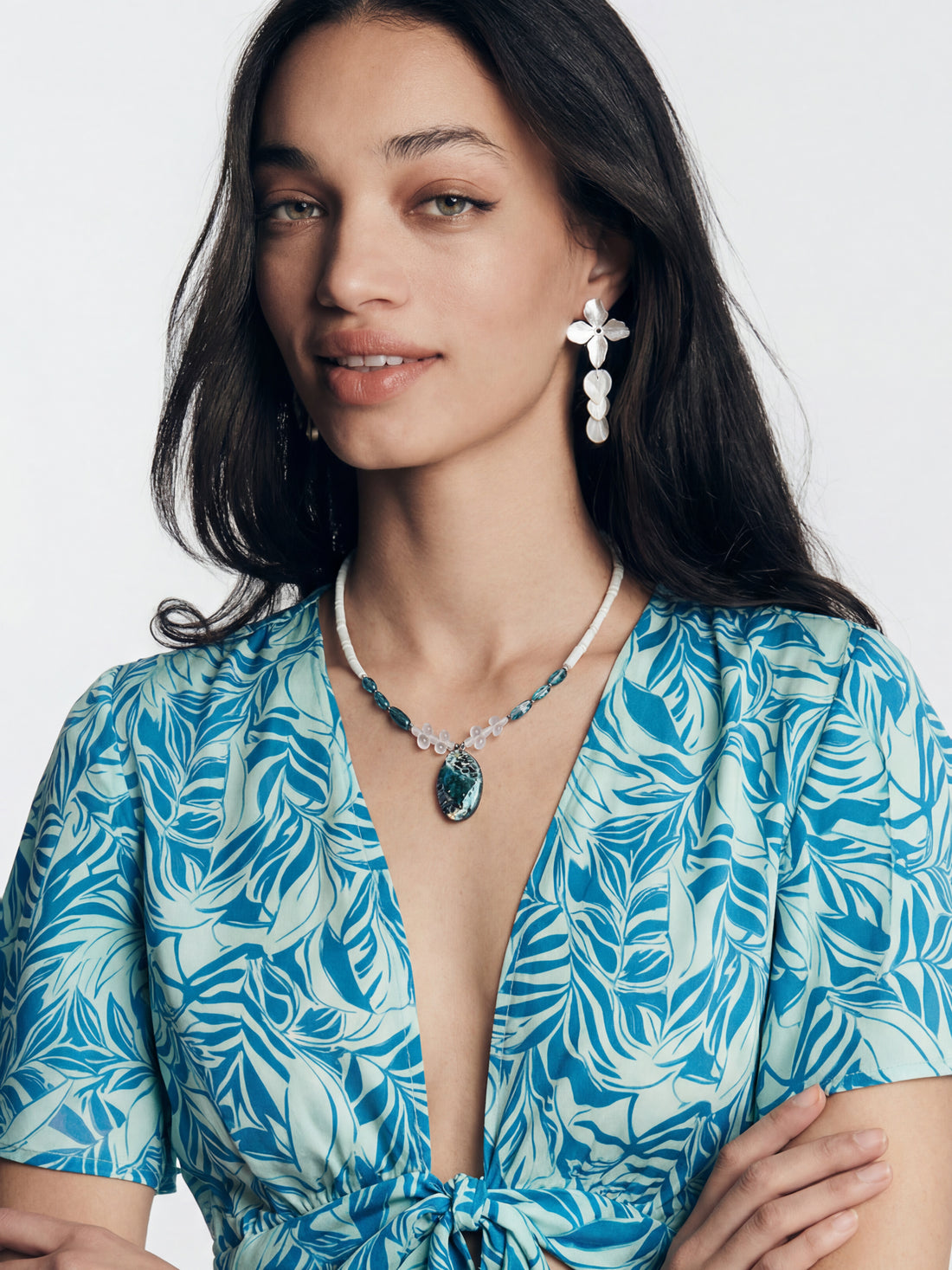Handmade Blue Topaz Raw Stone White Tube Bead Boho Beach Necklace