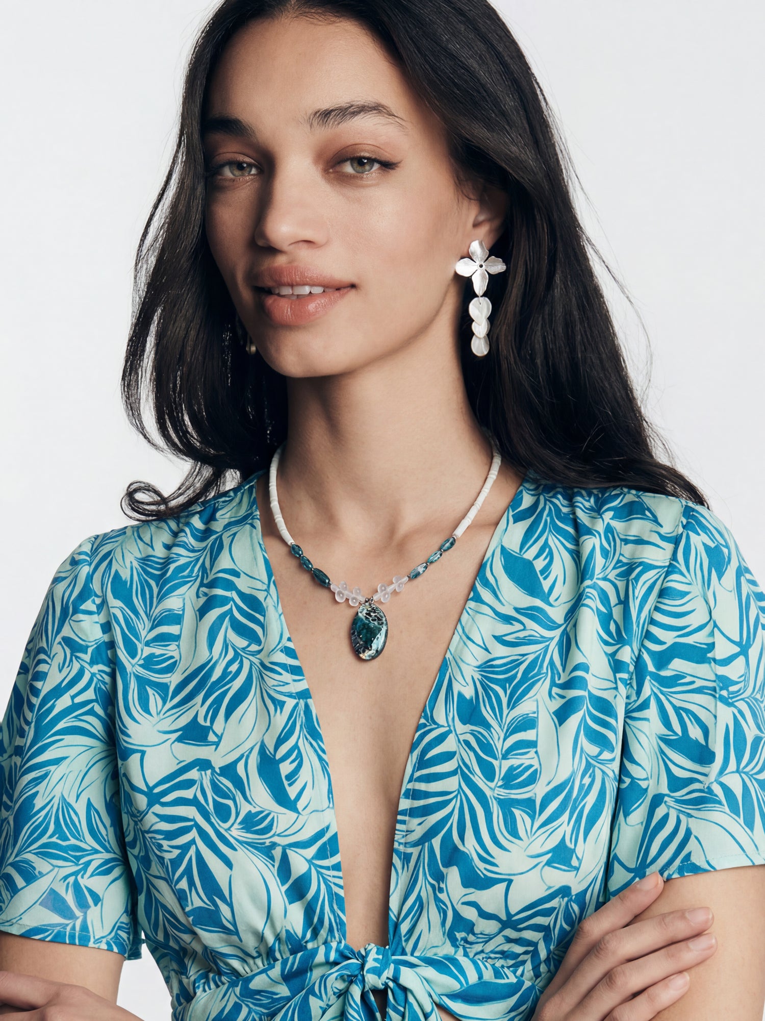 Silver Flower &amp; Acrylic Shell Drop Earrings