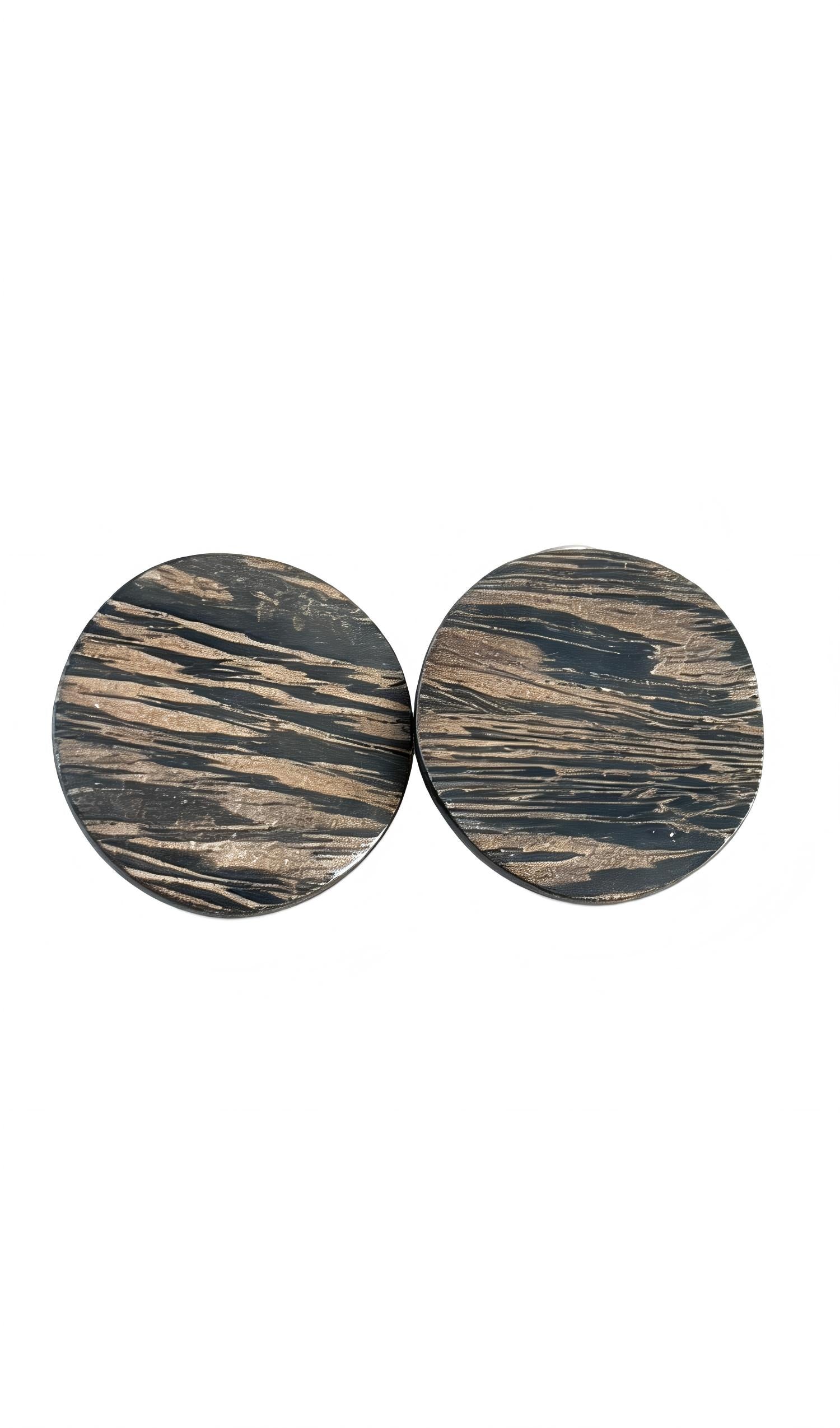 Vintage Black Gold Vein Round Horn Statement Large Disc Earrings
