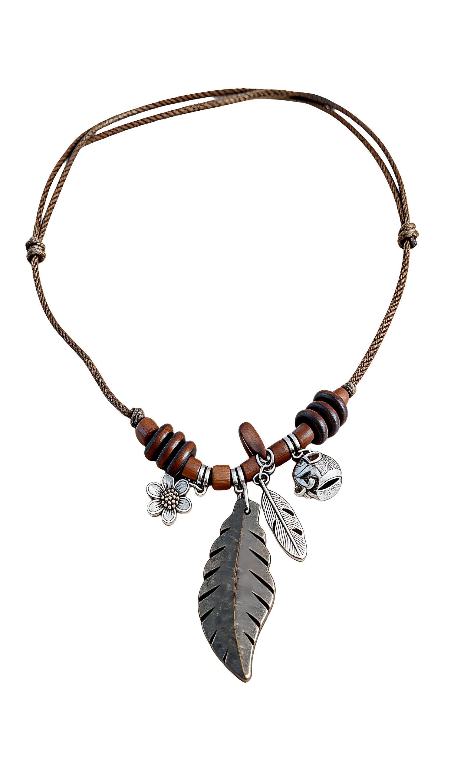 Vintage Bohemian Feather Wood Bead Braided Necklace