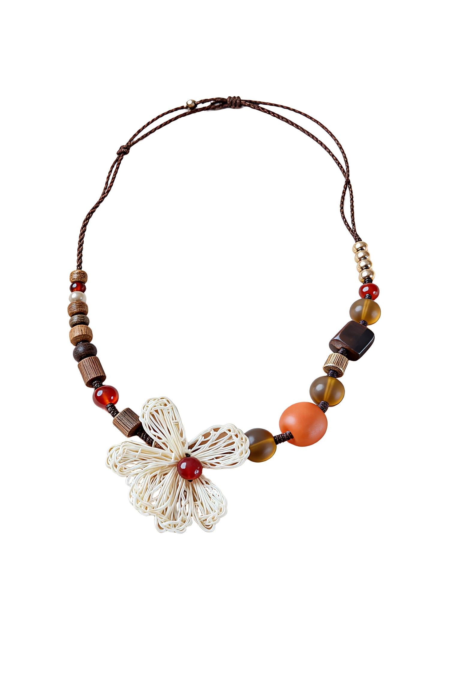 Flower Boho Wood Stone Bead Braided Necklace
