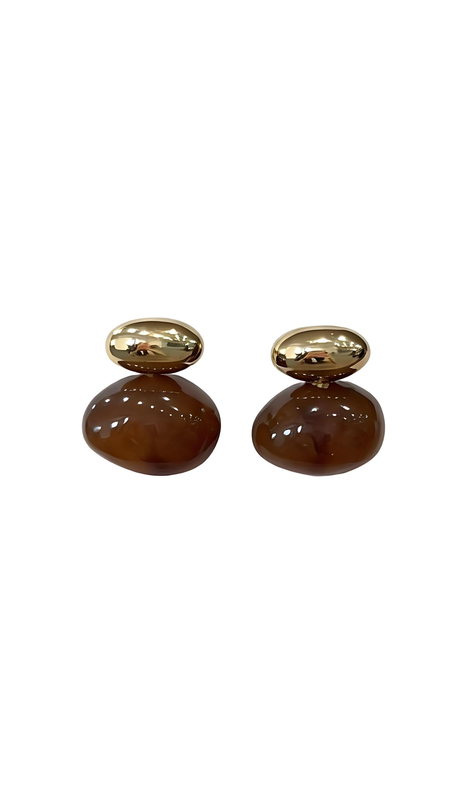 Chic Brown Amber &amp; Gold Two Layer Dome Statement Drop Earrings