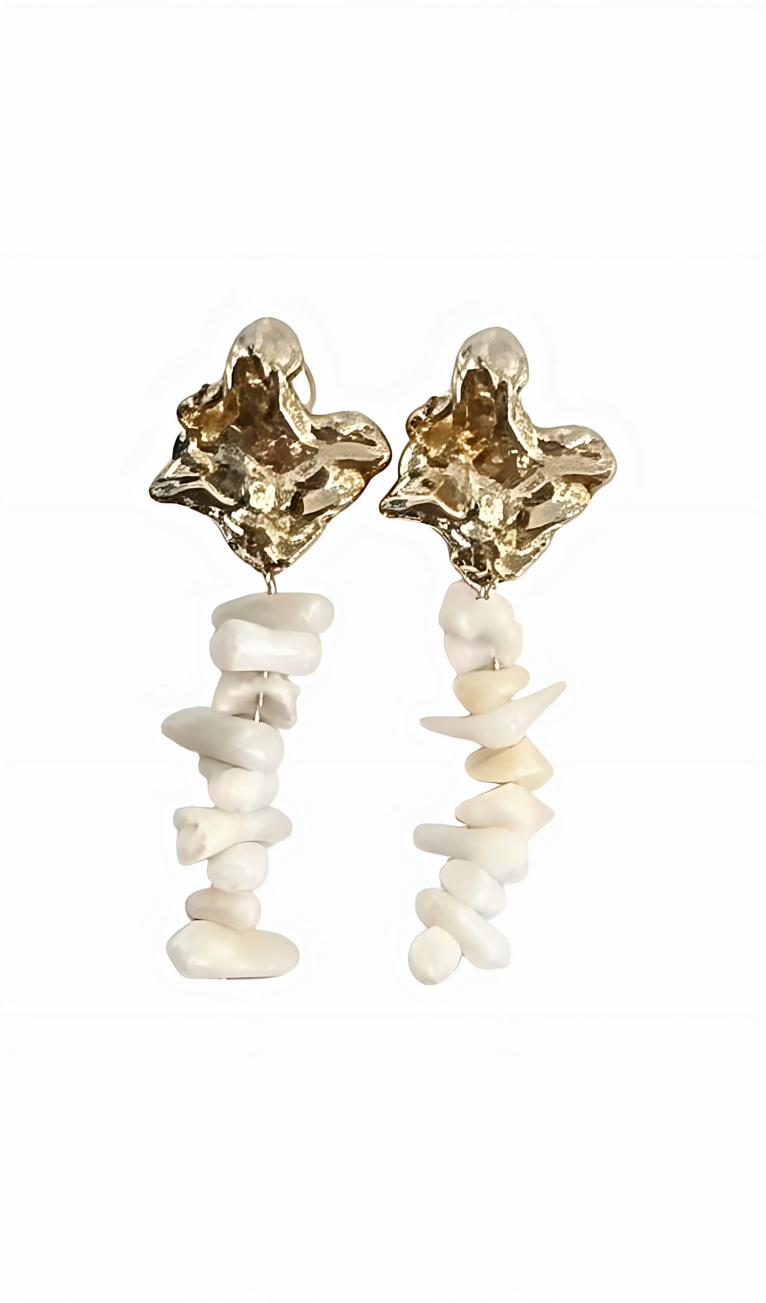 Gold Abstract Baroque Earrings with White Irregular Bead Drop