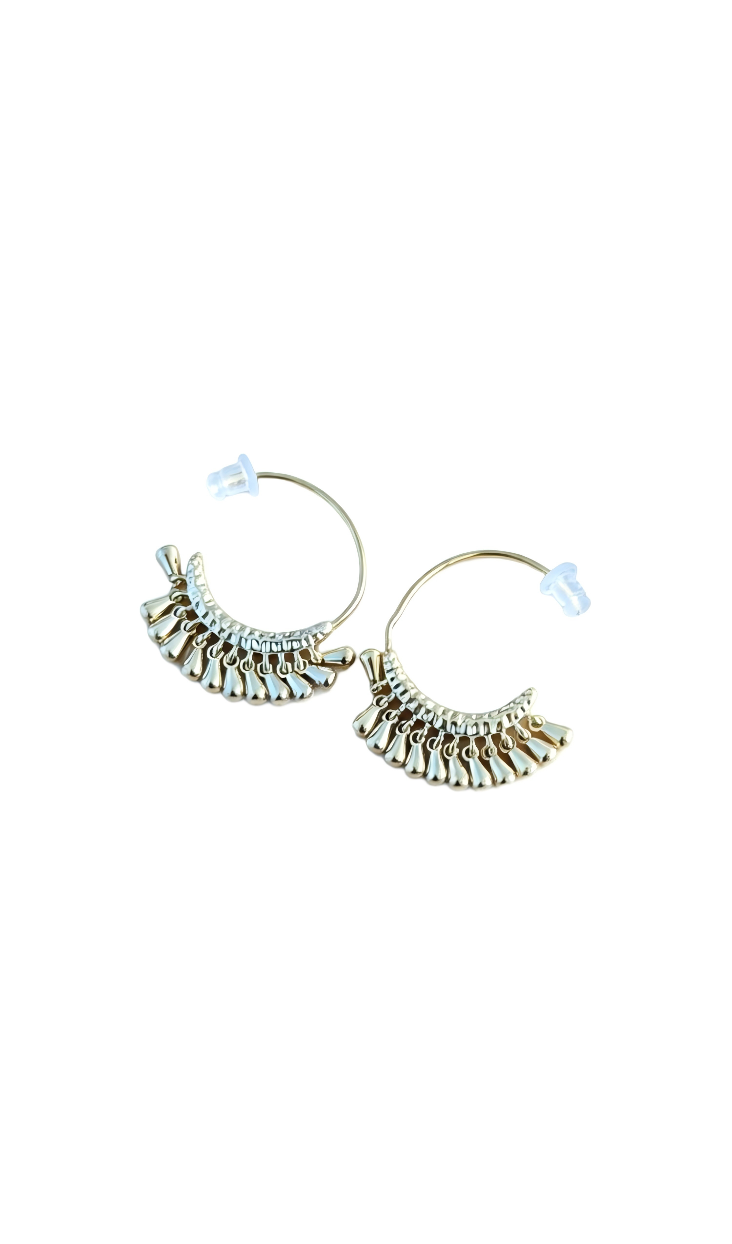 Gold Fan-Shaped Hoop Earrings with Mini Bell Fringe