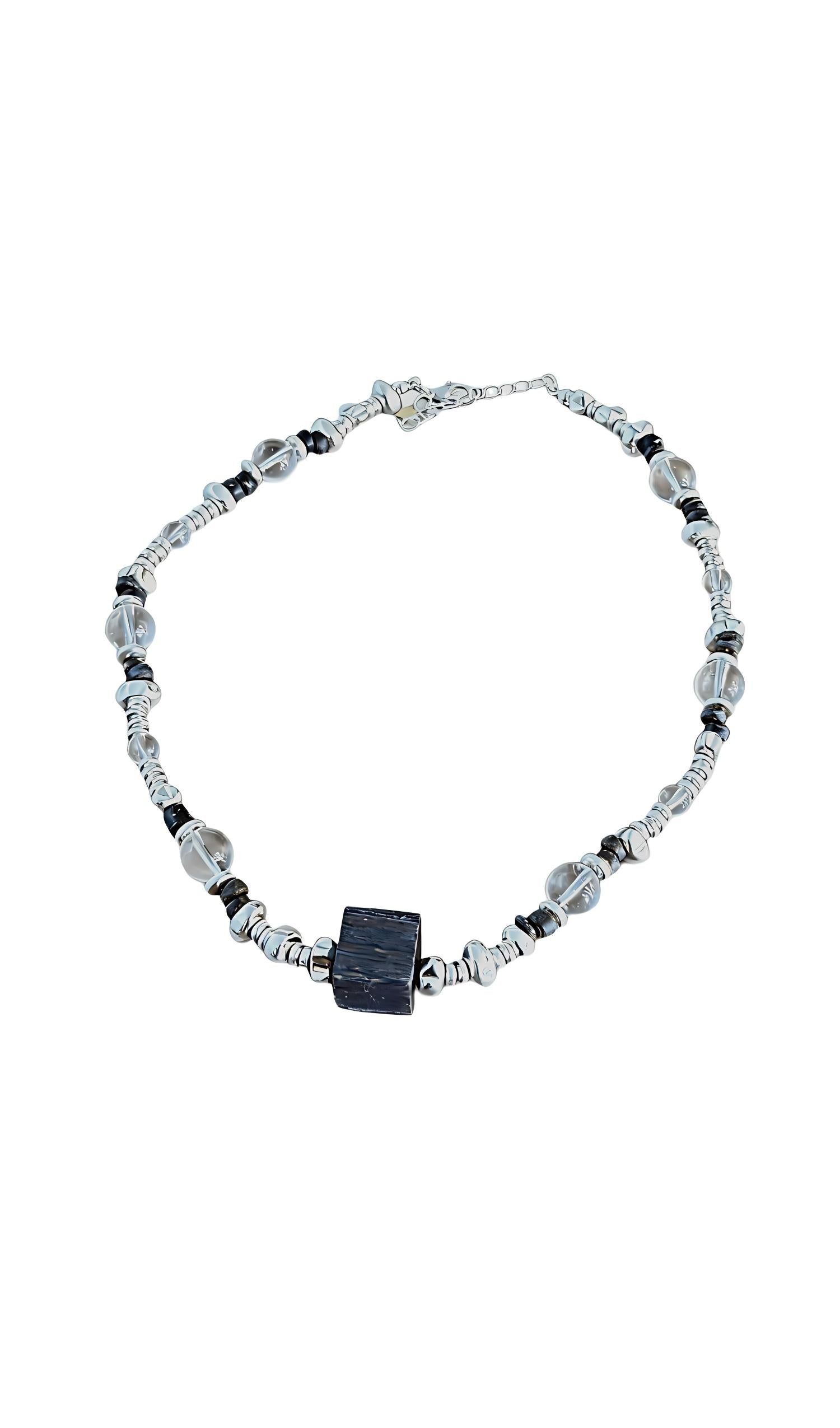 Black Cube Obsidian Clear Quartz Silver Mixed Gothic Necklace