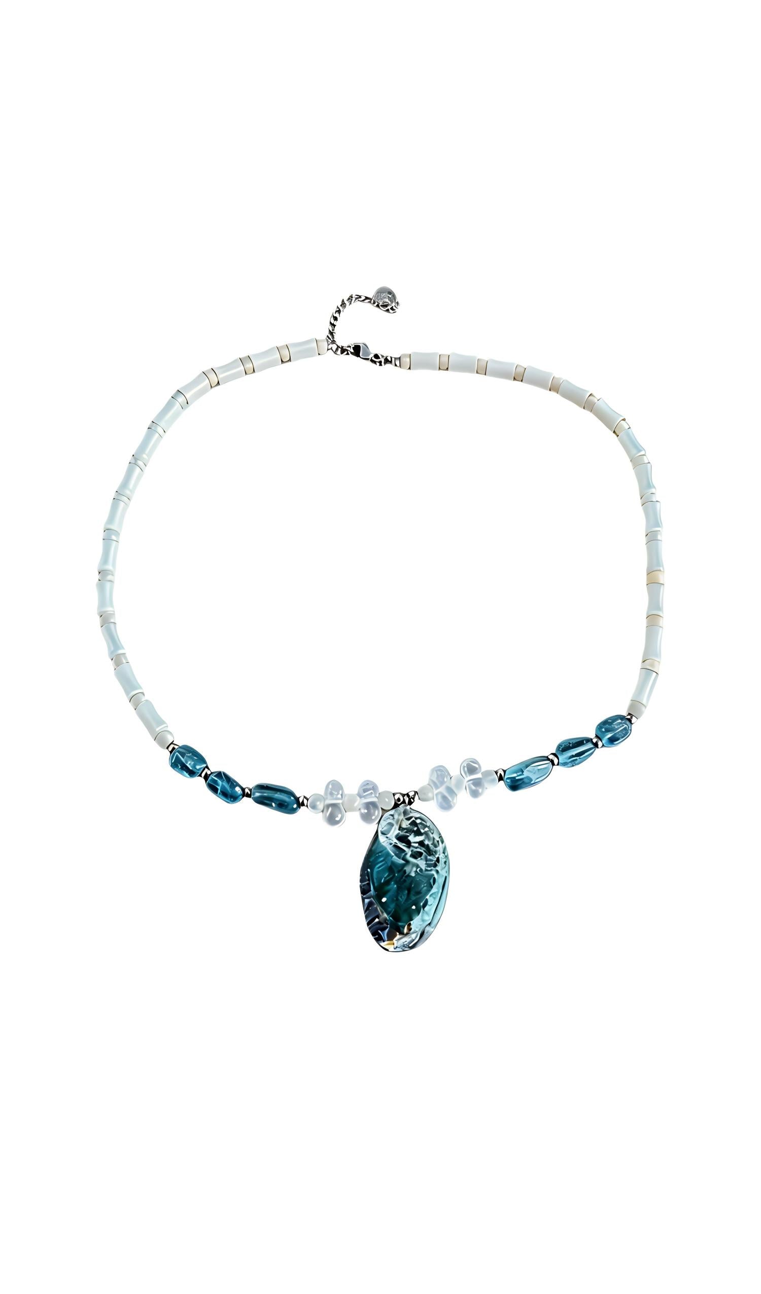 Blue Topaz Raw Stone White Tube Bead Beach Necklace