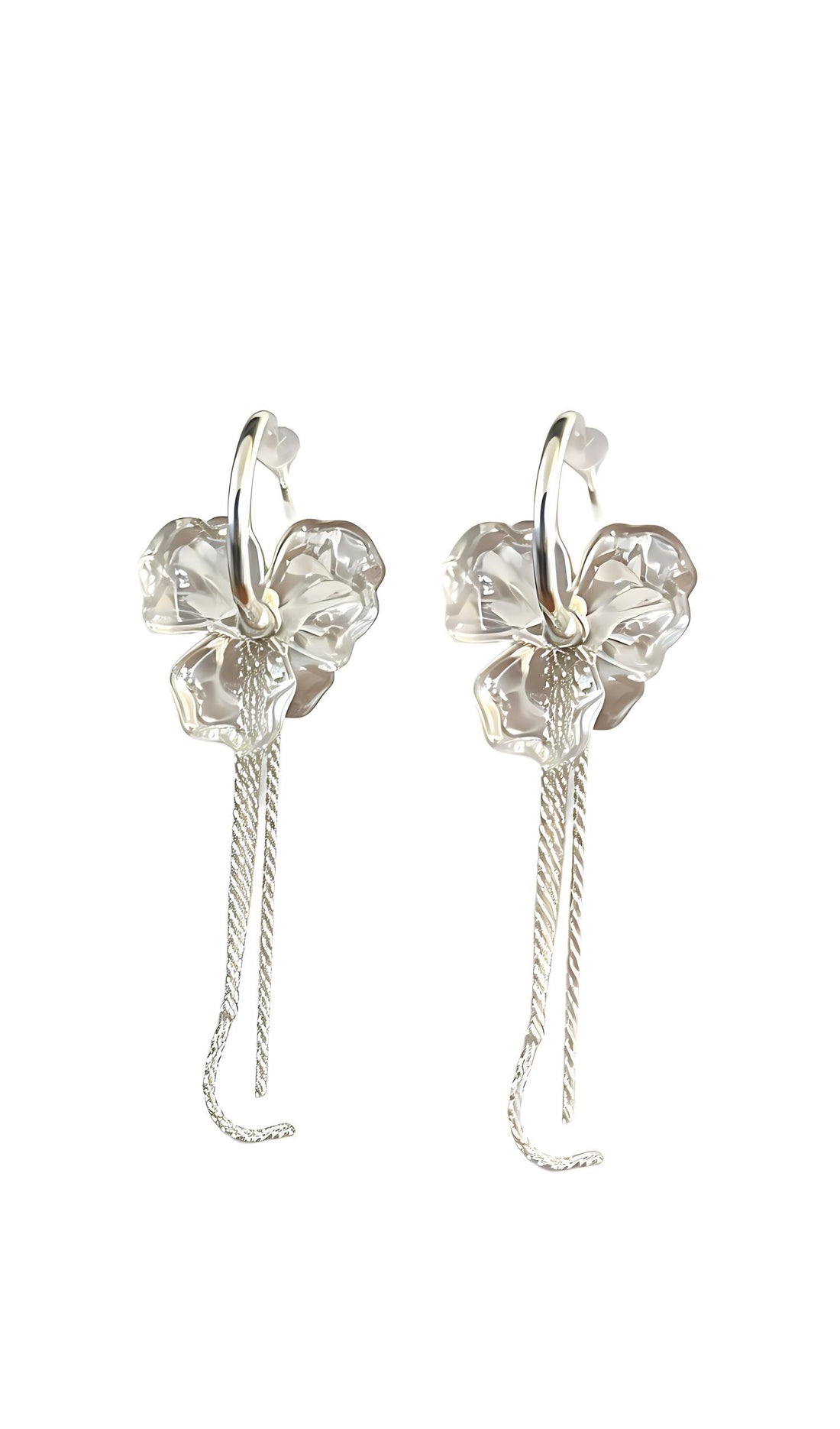 Silver Clear Flower Hoop Earrings with Twisted Tassel