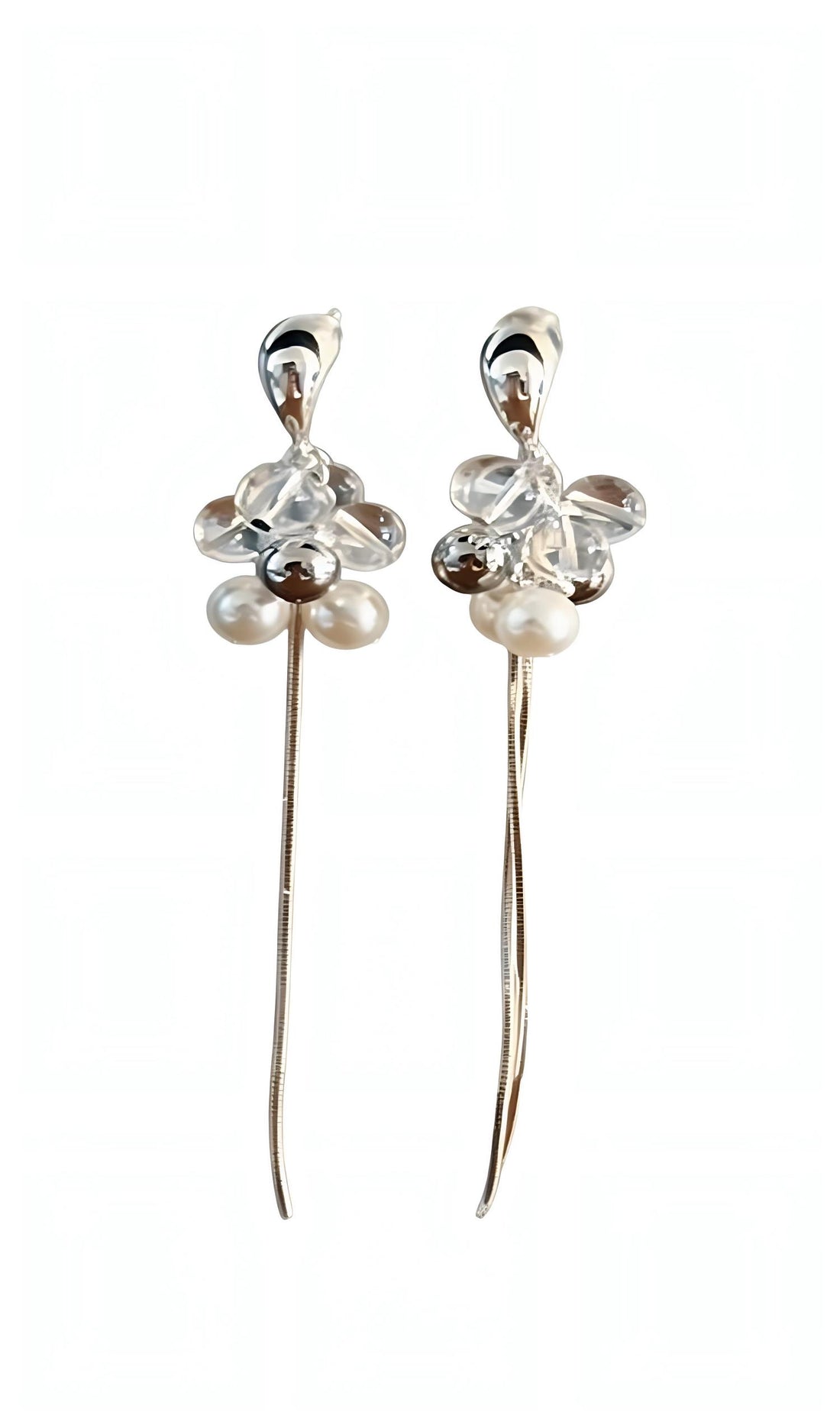 Silver Flower &amp; Pearl Threader Drop Earrings