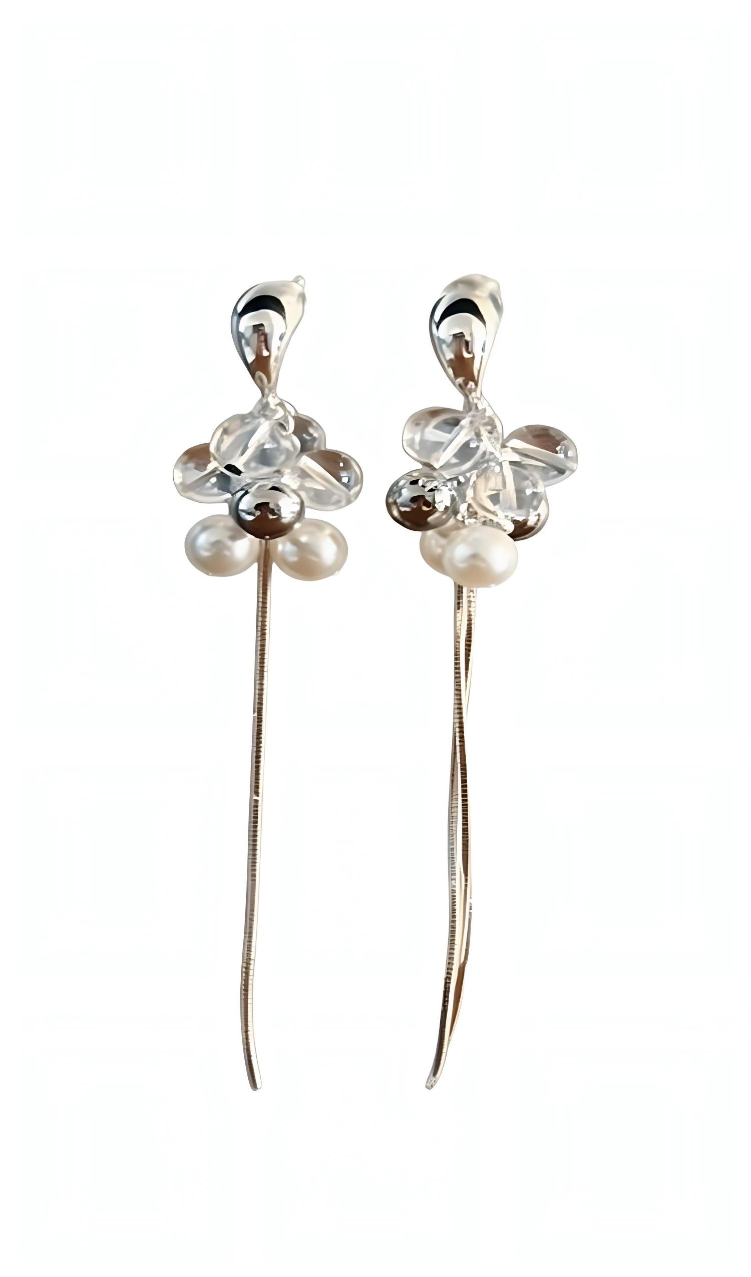 Silver Flower &amp; Pearl Threader Drop Earrings