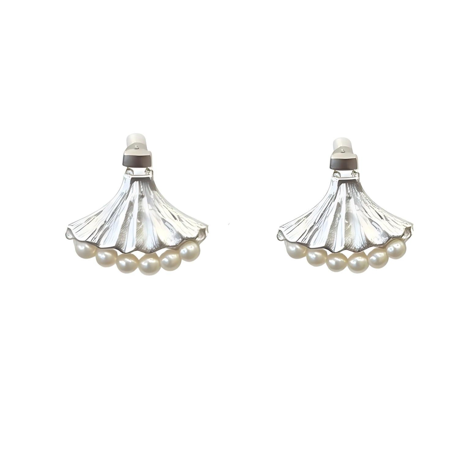 Elegant Silver Ginkgo Fan Pearl Statement Drop Earrings