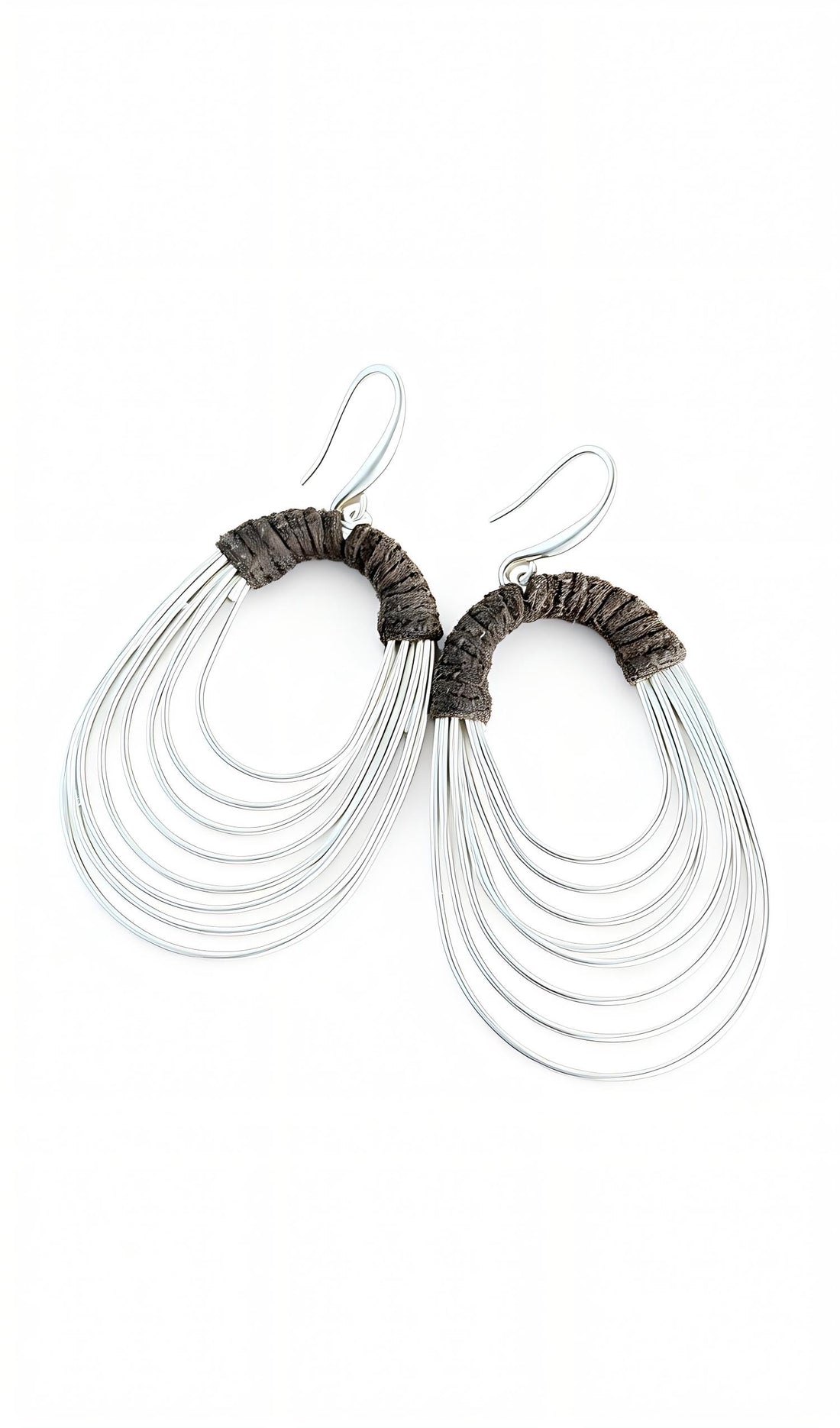 Silver Multi-Loop Teardrop Dangle Earrings with Wrapped Fabric Detail