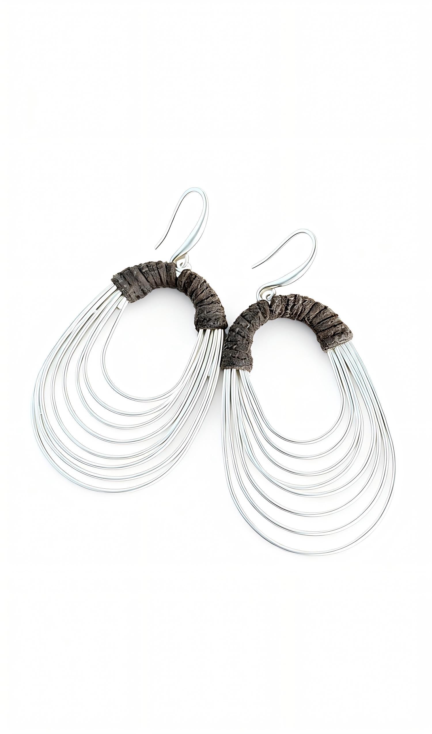 Silver Multi-Loop Teardrop Dangle Earrings with Wrapped Fabric Detail