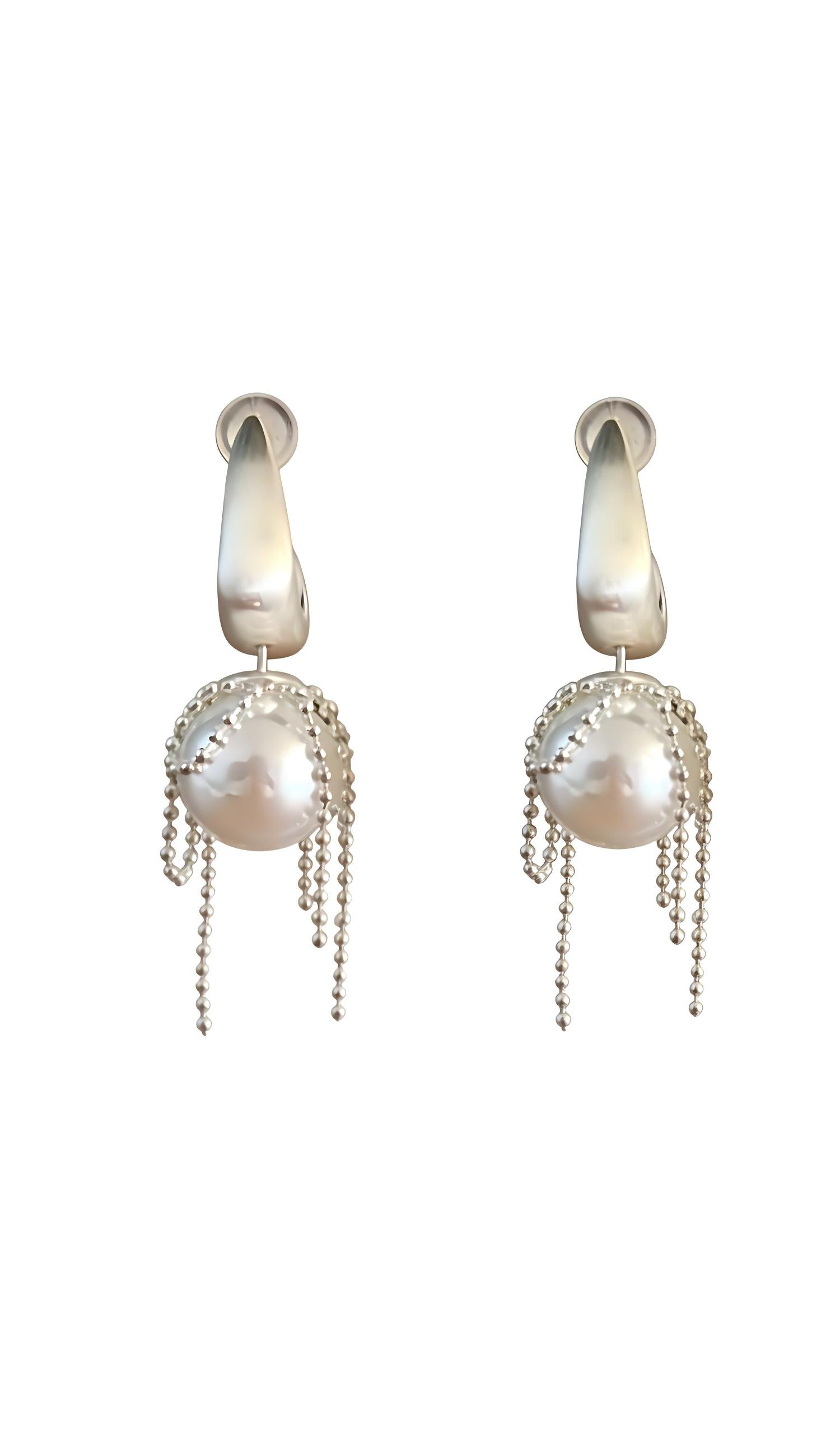 Silver Pearl Drop Earrings with Beaded Chain Tassels