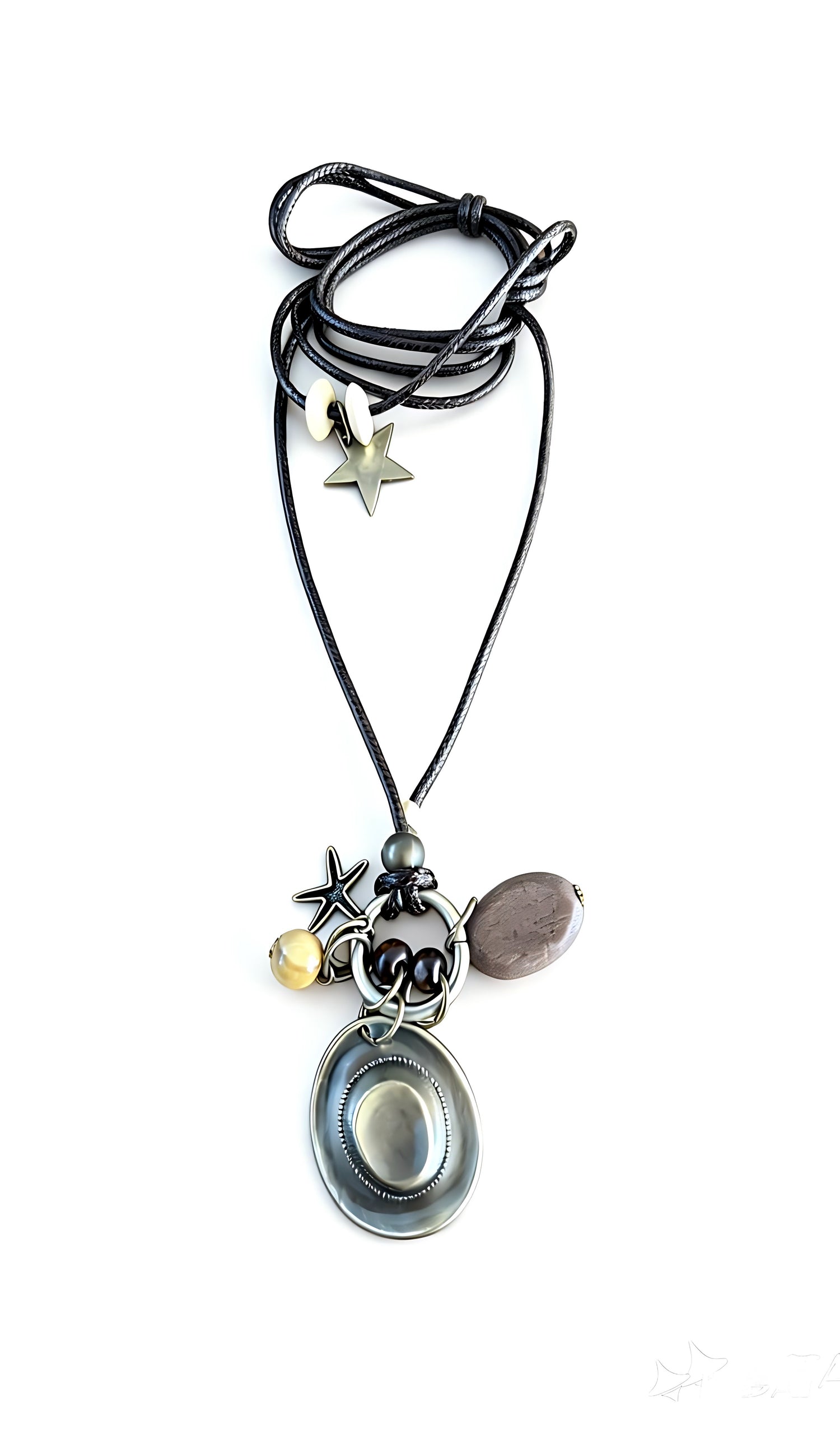 Vintage Hat Star Charm Long Black Leather Boho Necklace