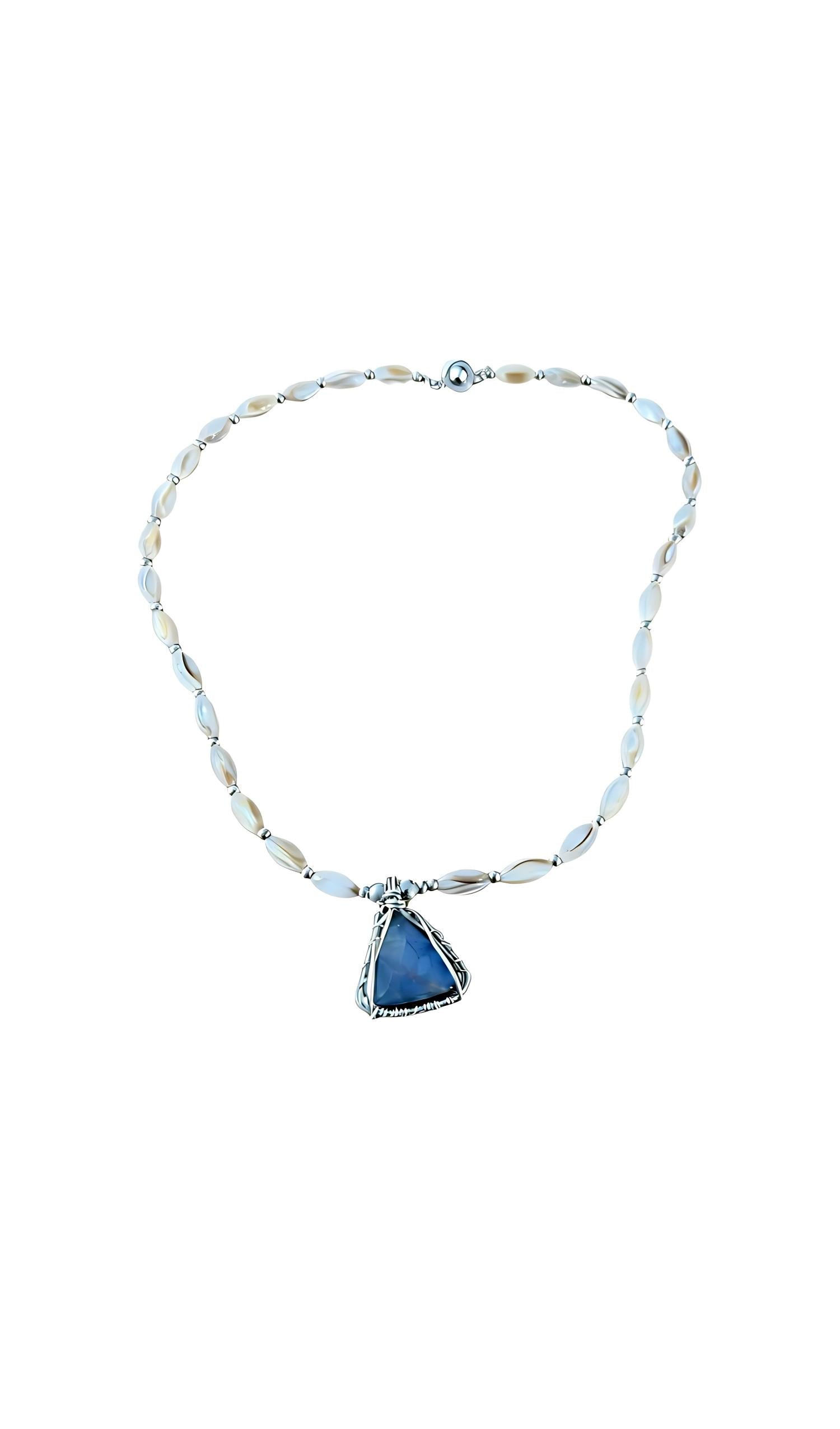 Blue Opal Triangle Pendant Mother Of Pearl Beaded Necklace